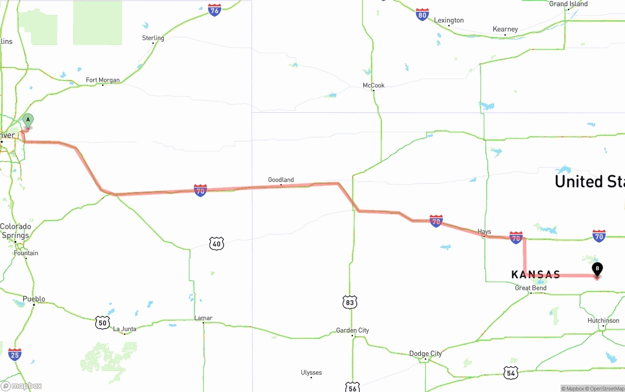 Shipping route from Denver International Airport to Kansas