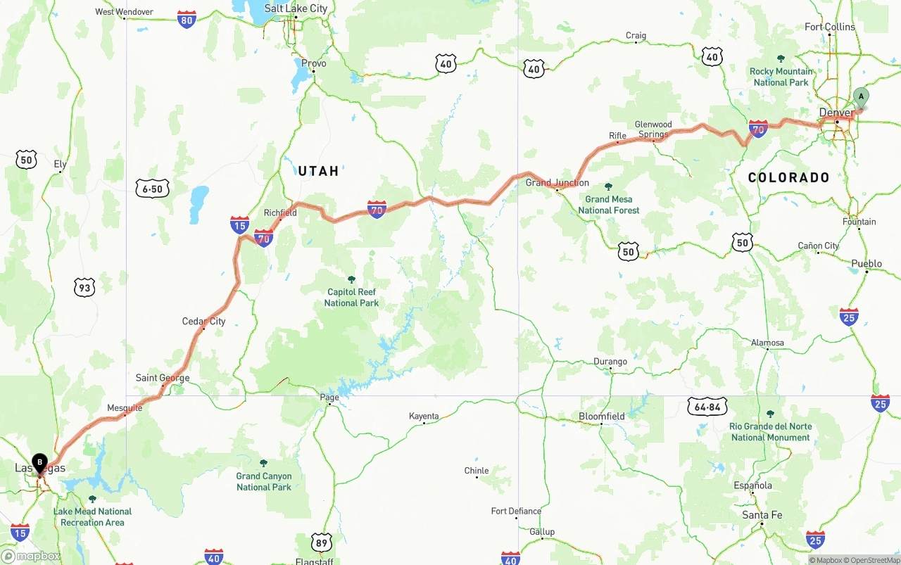 Shipping route from Denver International Airport to Las Vegas