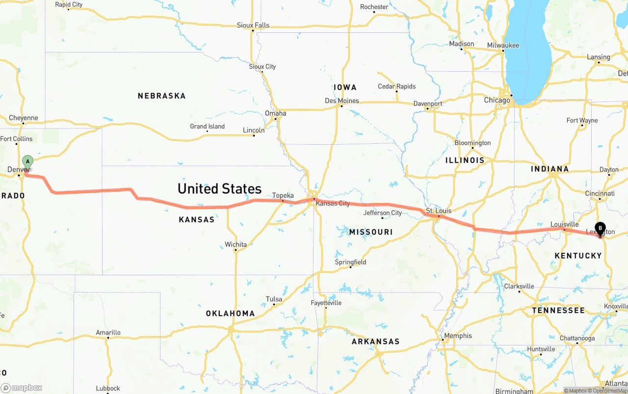 Shipping route from Denver International Airport to Lexington