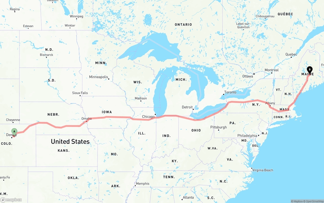 Shipping route from Denver International Airport to Maine
