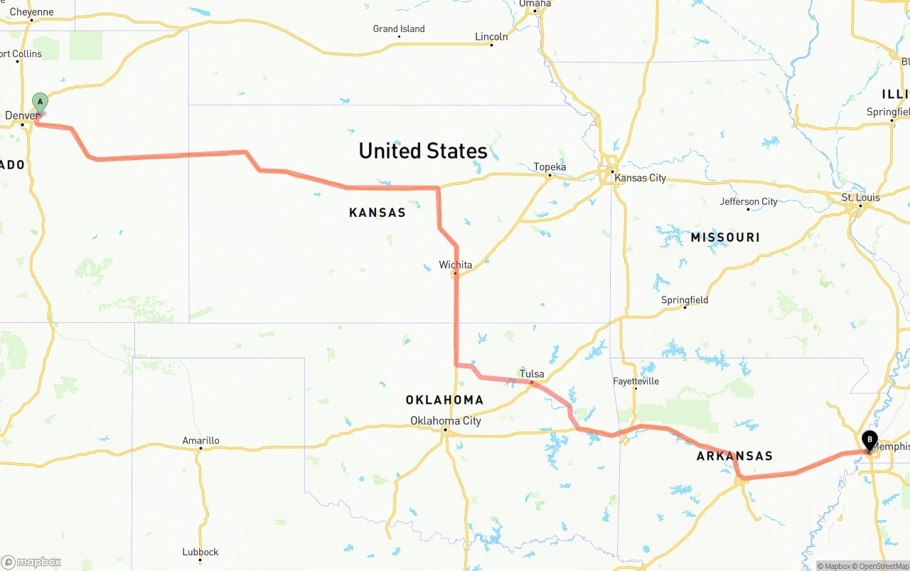 Shipping route from Denver International Airport to Memphis