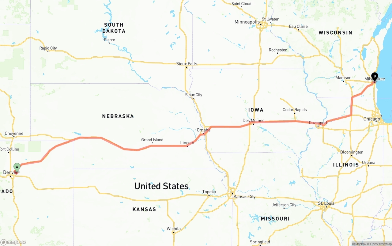 Shipping route from Denver International Airport to Milwaukee