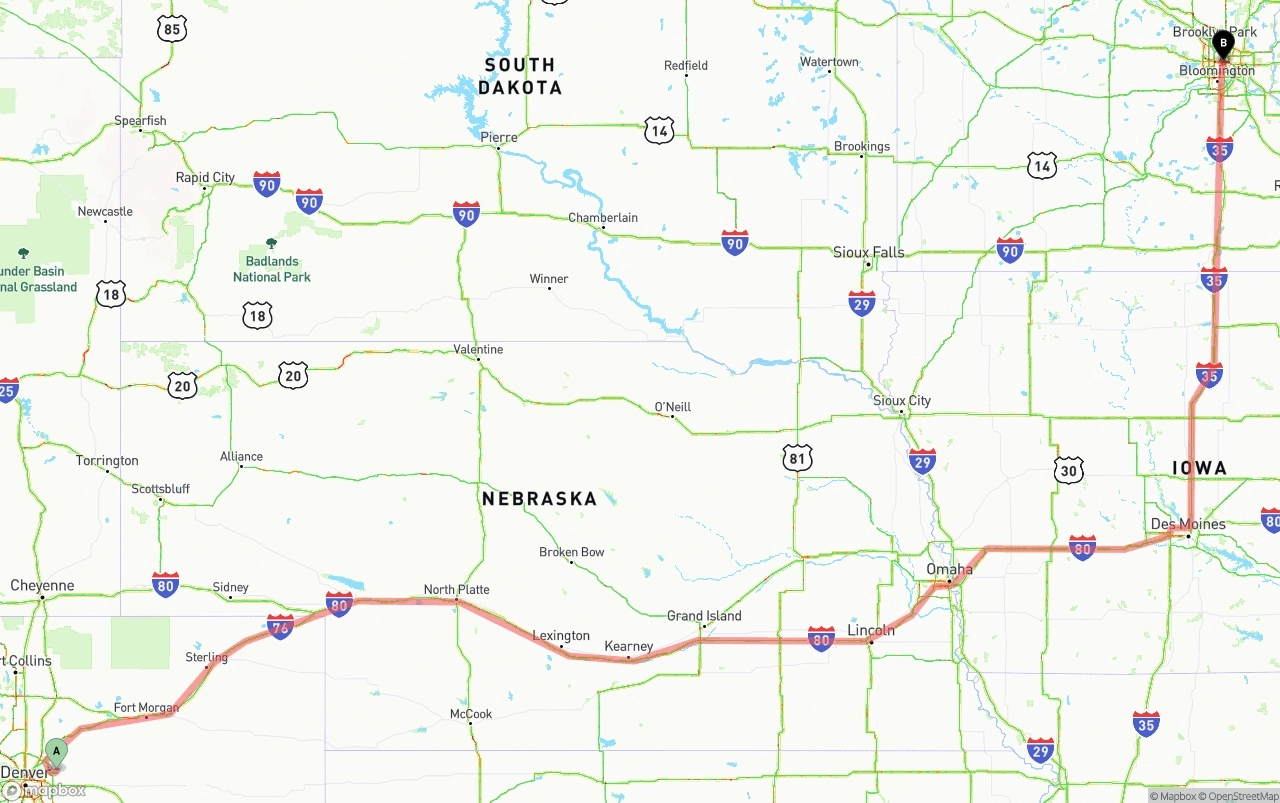 Shipping route from Denver International Airport to Minneapolis