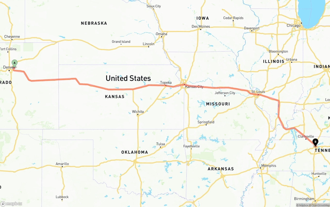 Shipping route from Denver International Airport to Nashville