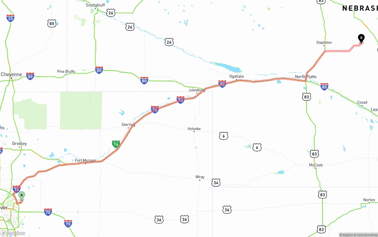 Shipping route from Denver International Airport to Nebraska