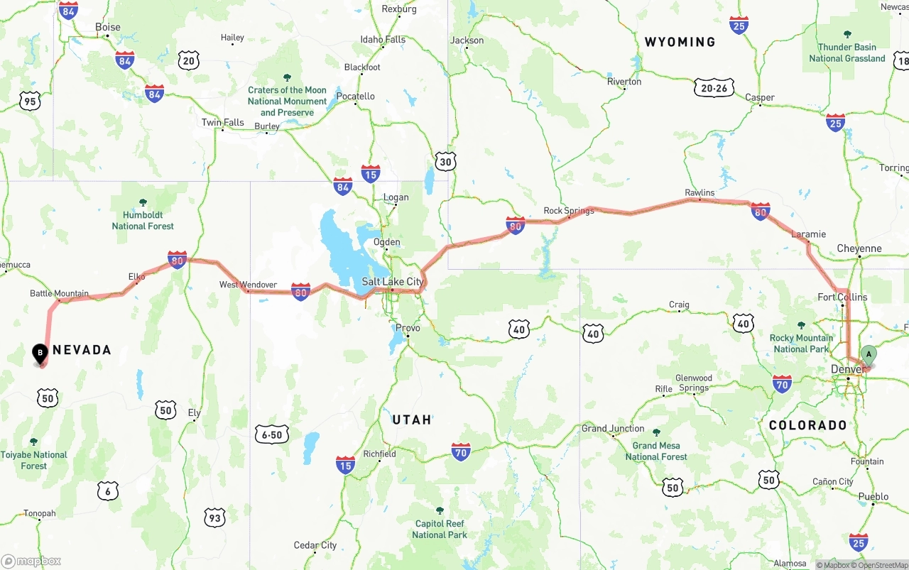 Shipping route from Denver International Airport to Nevada