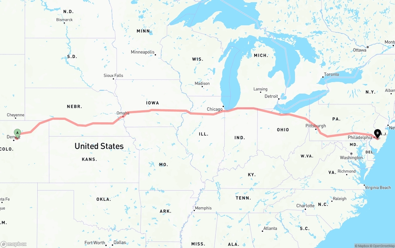 Shipping route from Denver International Airport to New Jersey