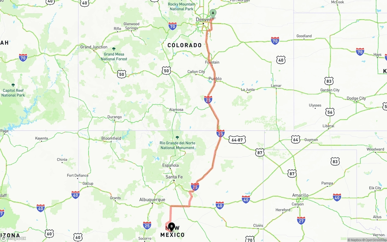 Shipping route from Denver International Airport to New Mexico