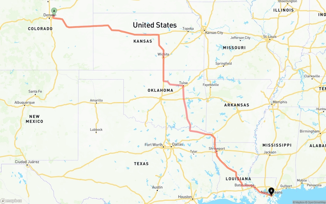 Shipping route from Denver International Airport to New Orleans