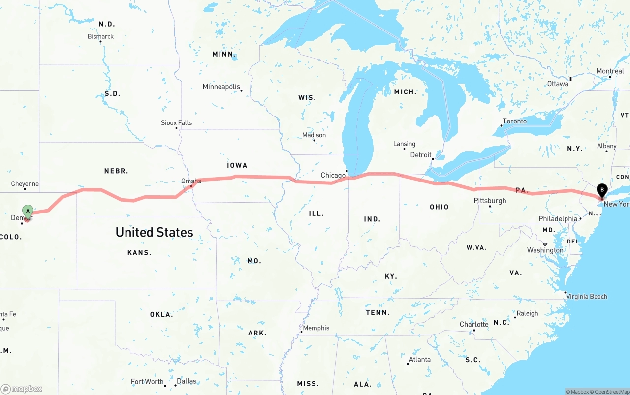 Shipping route from Denver International Airport to New York City
