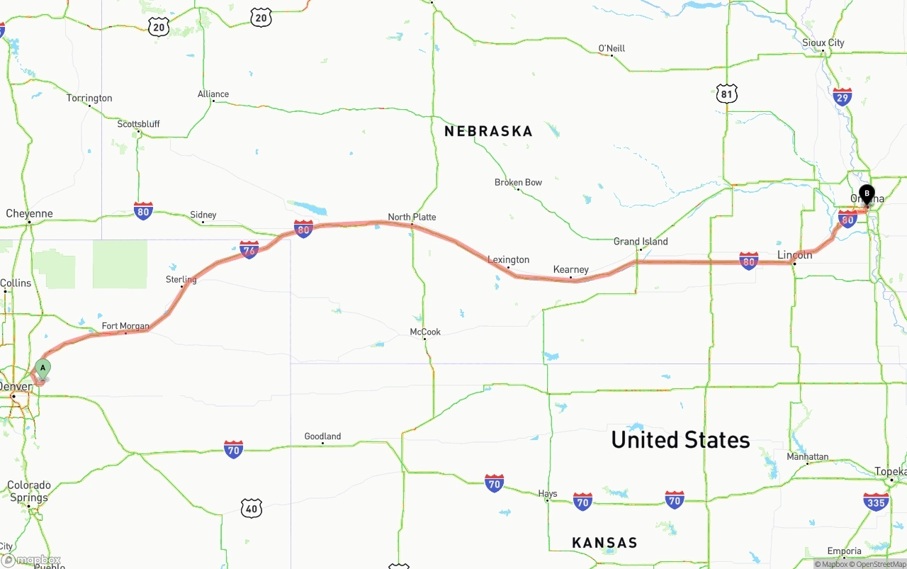Shipping route from Denver International Airport to Omaha