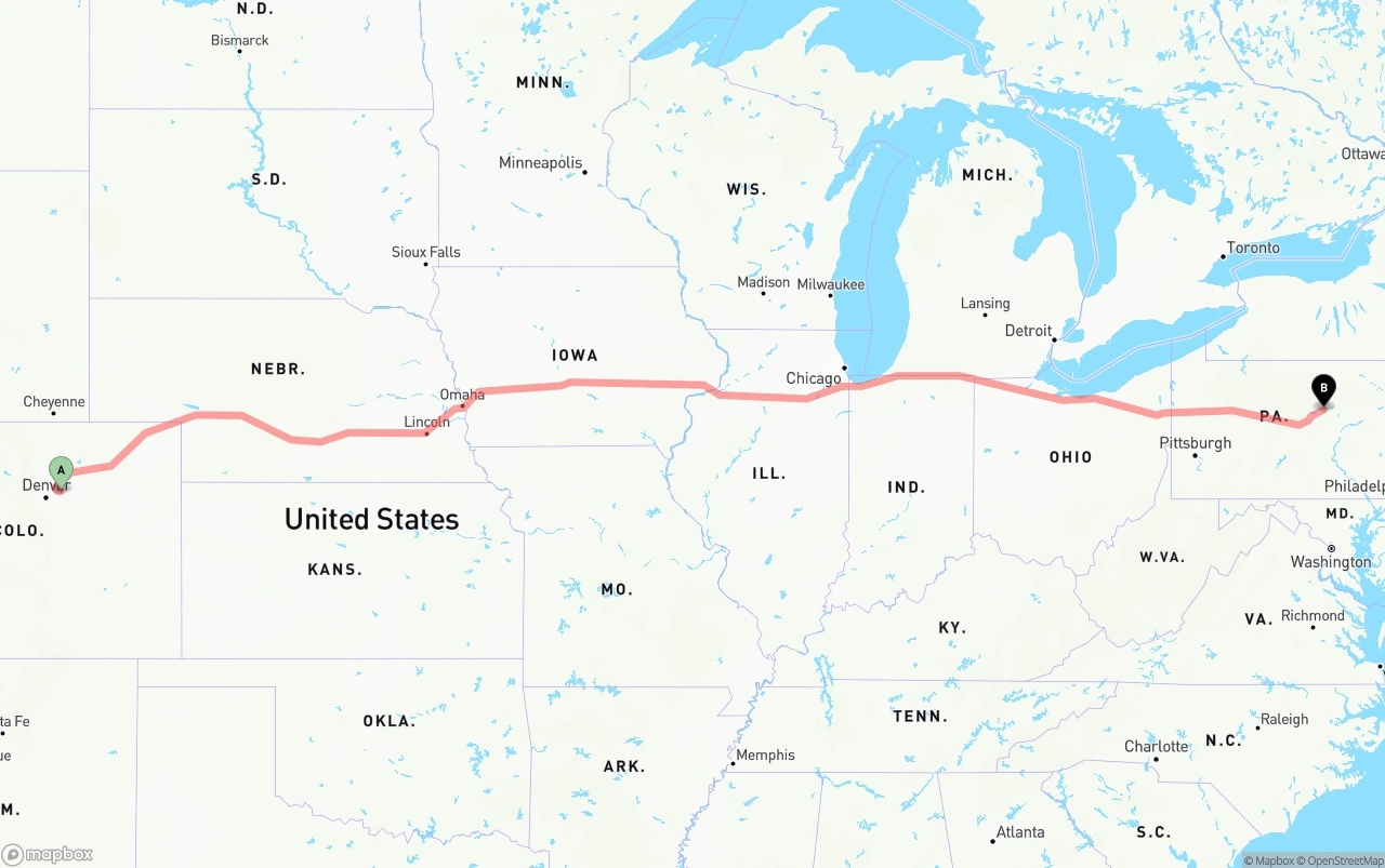 Shipping route from Denver International Airport to Pennsylvania