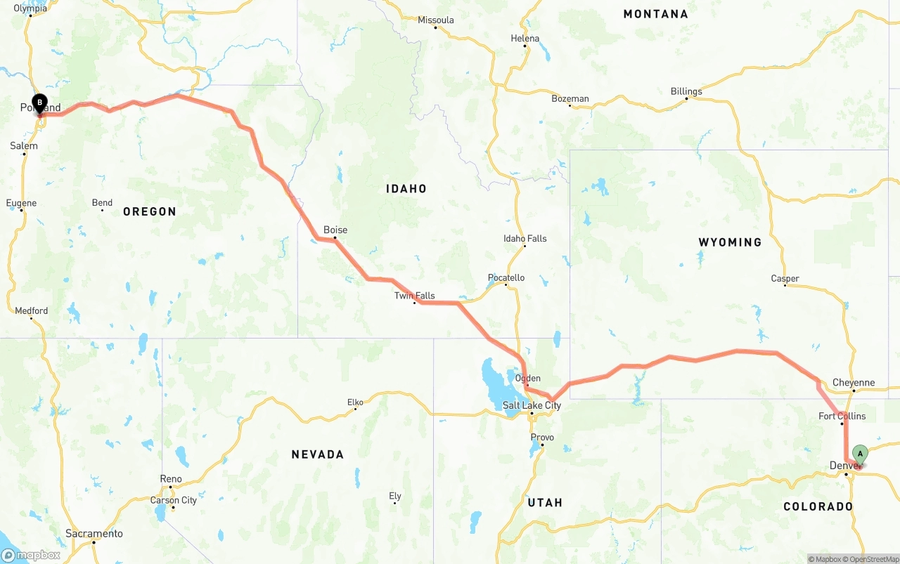 Shipping route from Denver International Airport to Portland