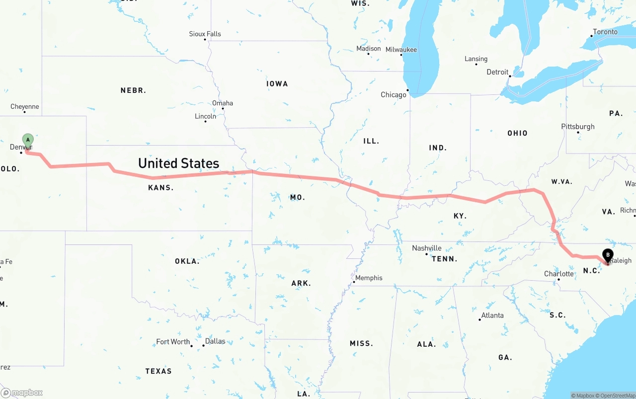 Shipping route from Denver International Airport to Raleigh
