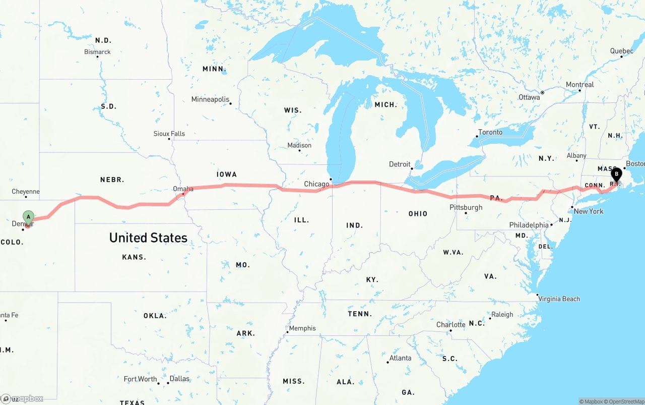 Shipping route from Denver International Airport to Rhode Island