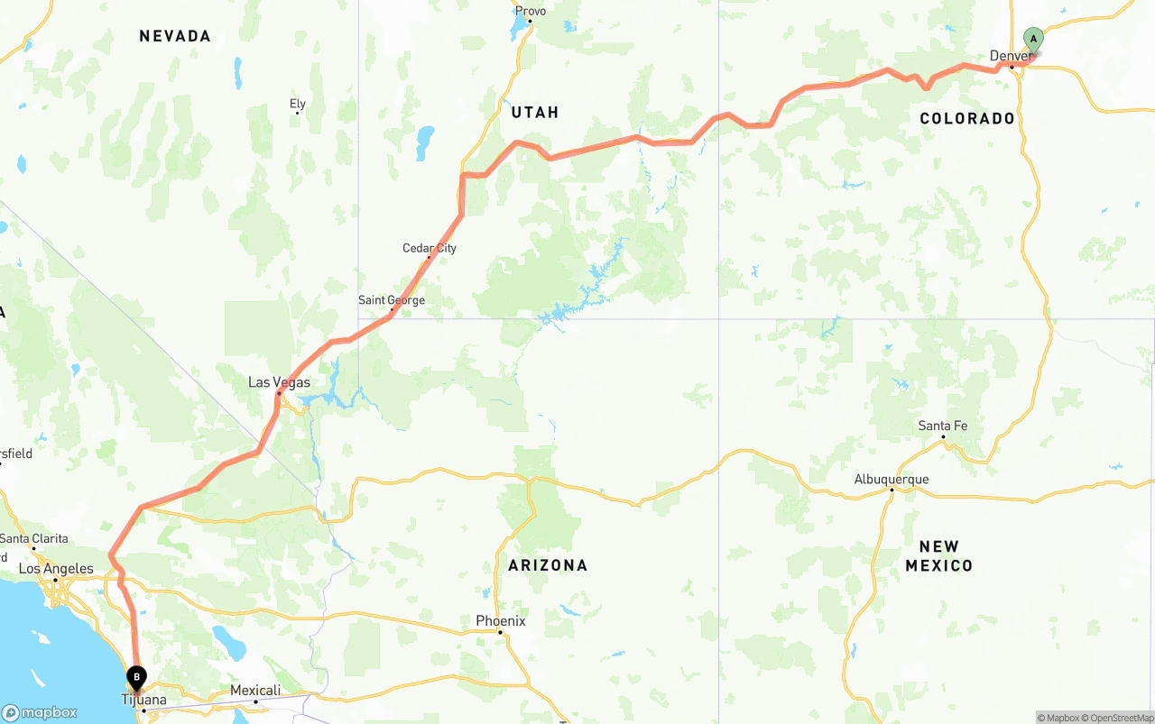 Shipping route from Denver International Airport to San Diego