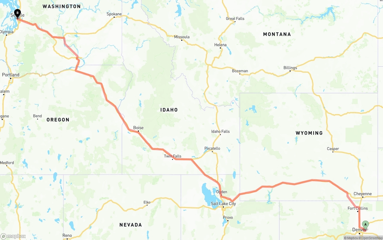 Shipping route from Denver International Airport to Seattle
