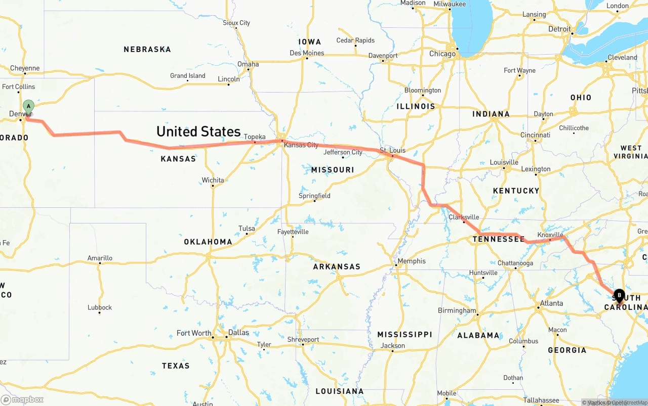 Shipping route from Denver International Airport to South Carolina