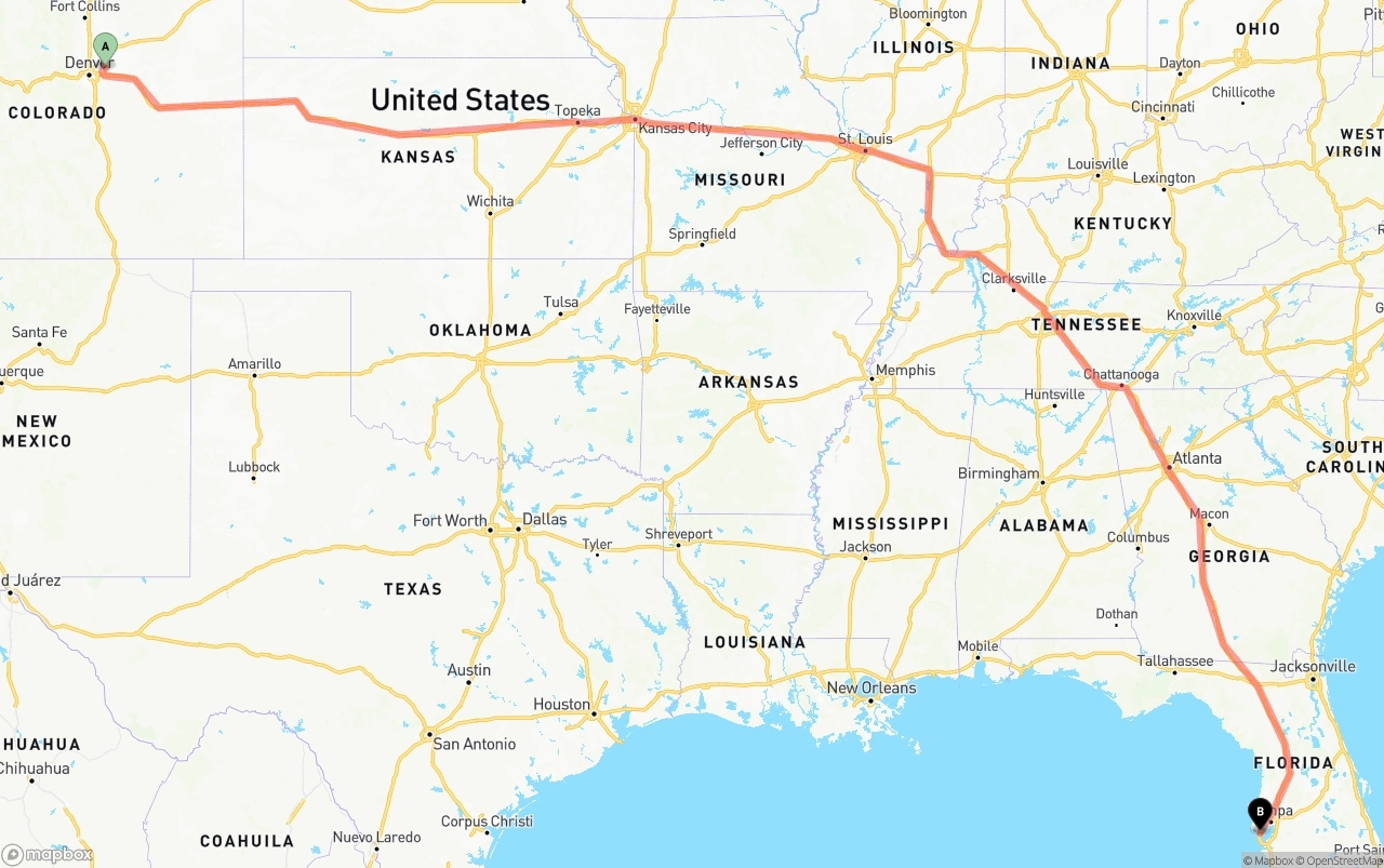 Shipping route from Denver International Airport to St. Petersburg