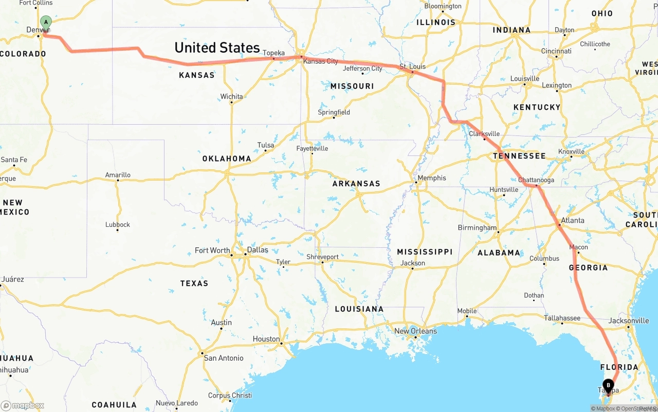 Shipping route from Denver International Airport to Tampa