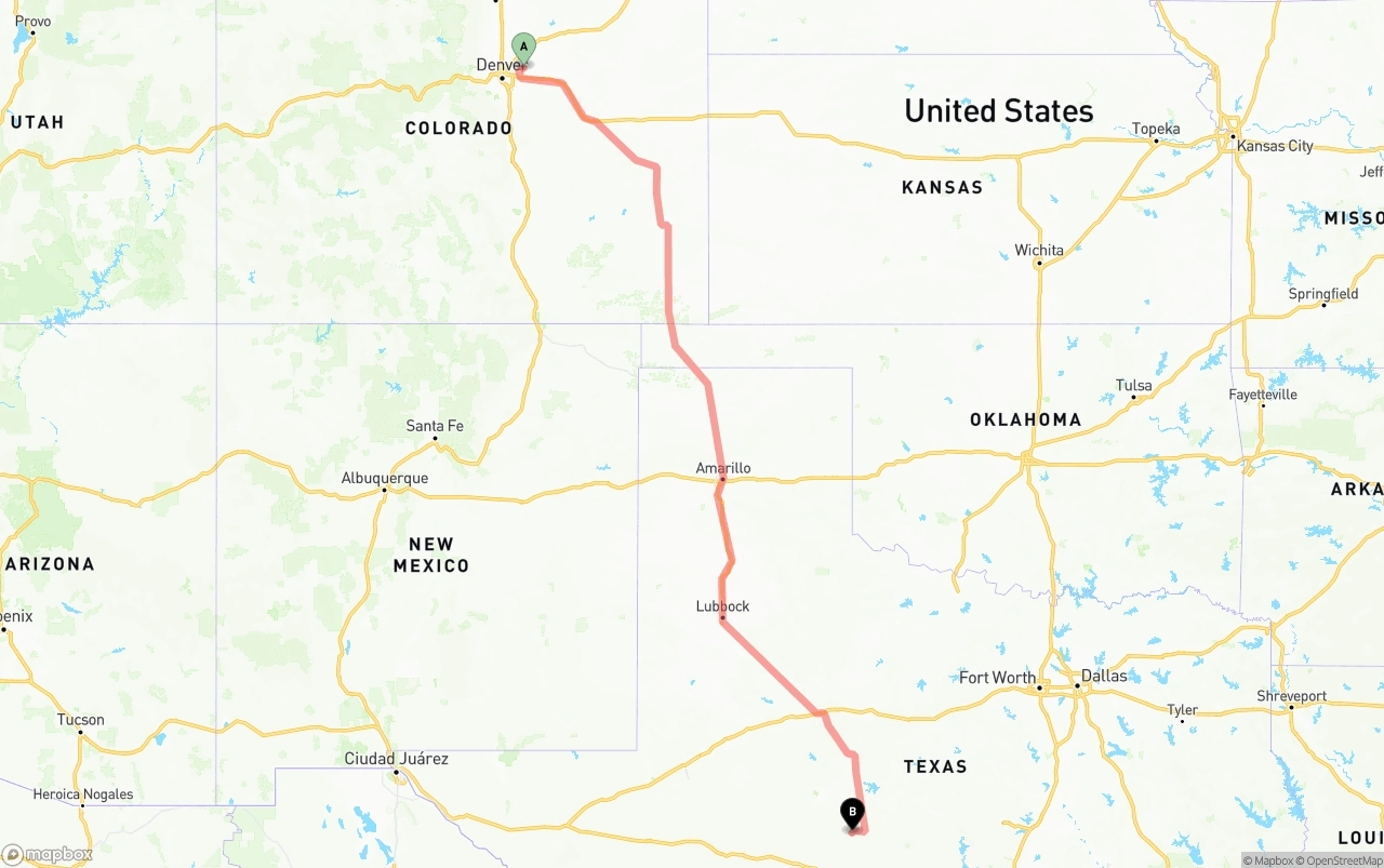 Shipping route from Denver International Airport to Texas