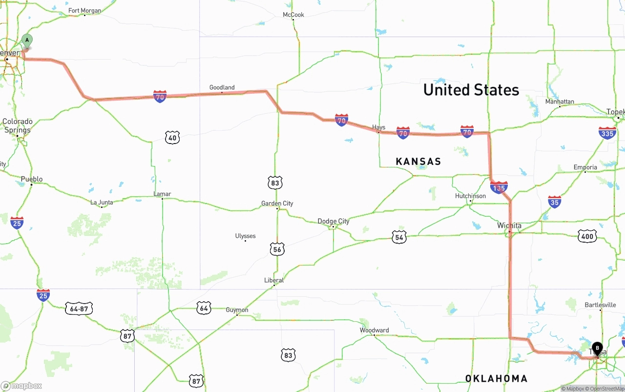Shipping route from Denver International Airport to Tulsa
