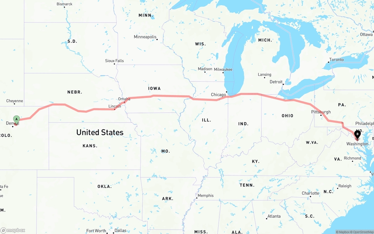 Shipping route from Denver International Airport to Washington D.C.