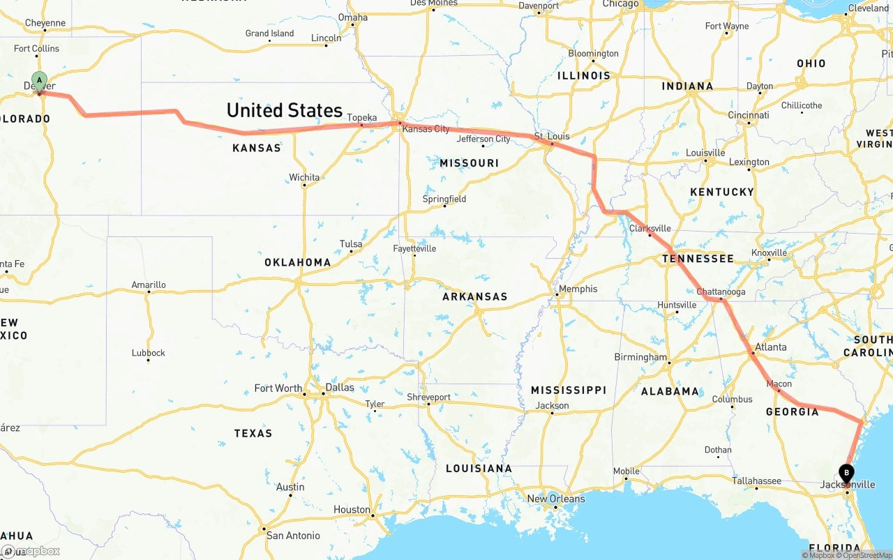 Shipping route from Denver to Jacksonville International Airport