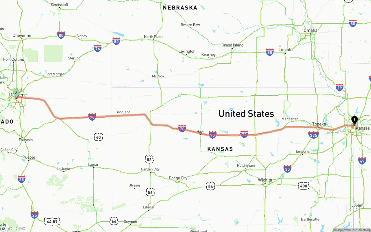 Shipping route from Denver to Kansas City