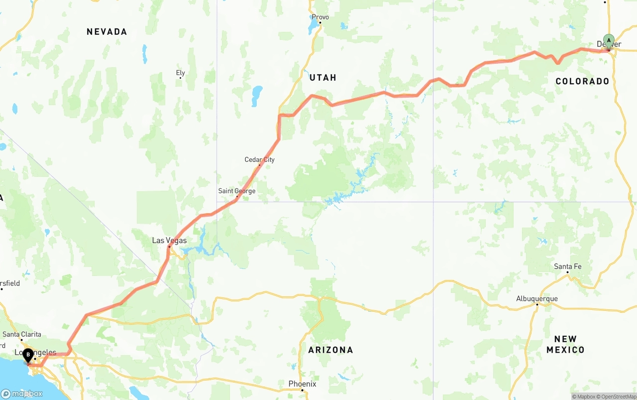 Shipping route from Denver to Los Angeles International Airport