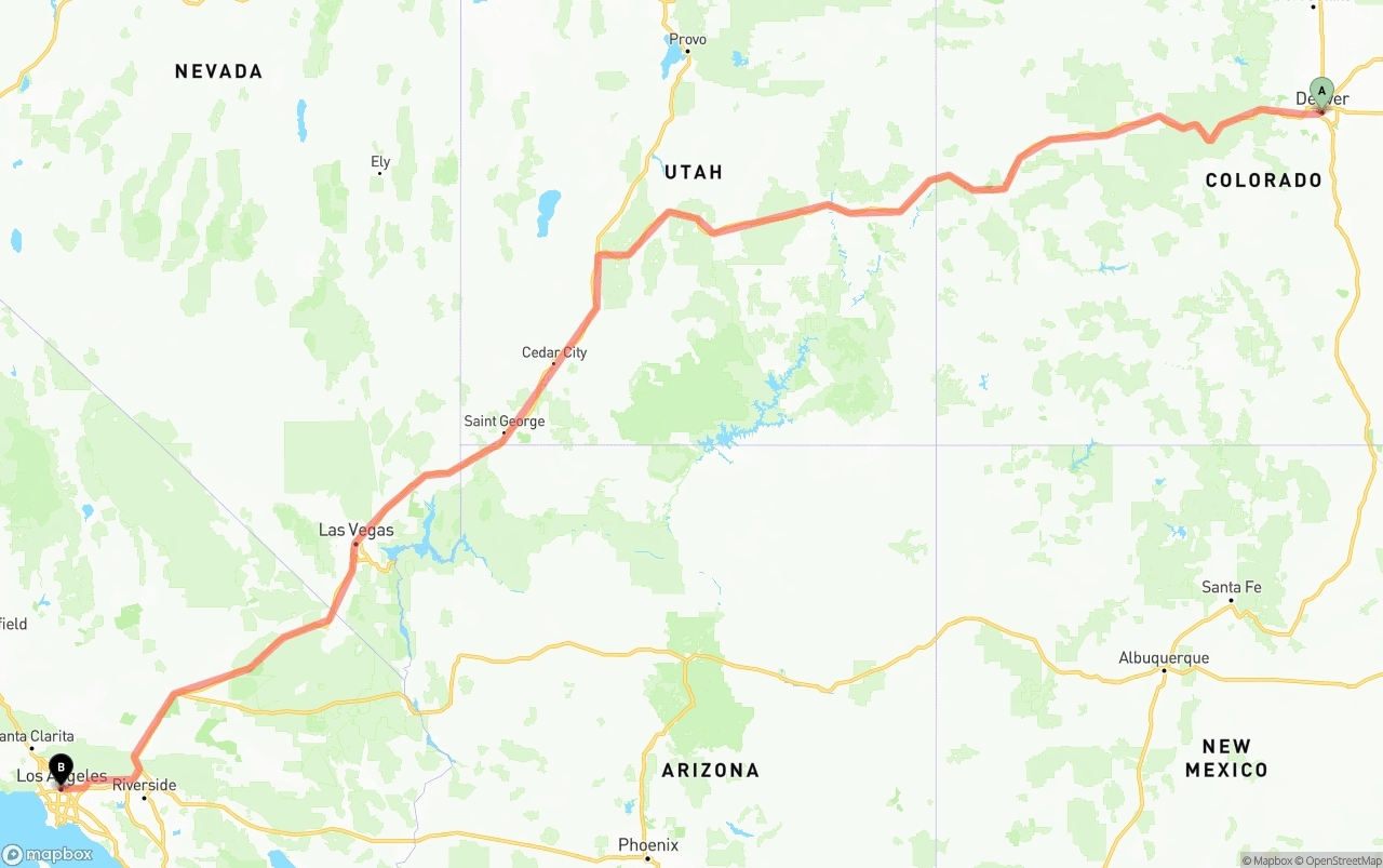 Shipping route from Denver to Los Angeles