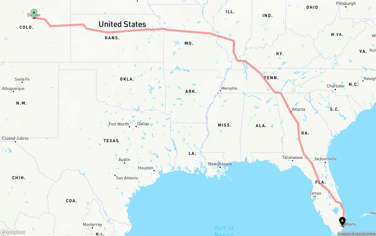 Shipping route from Denver to Miami International Airport