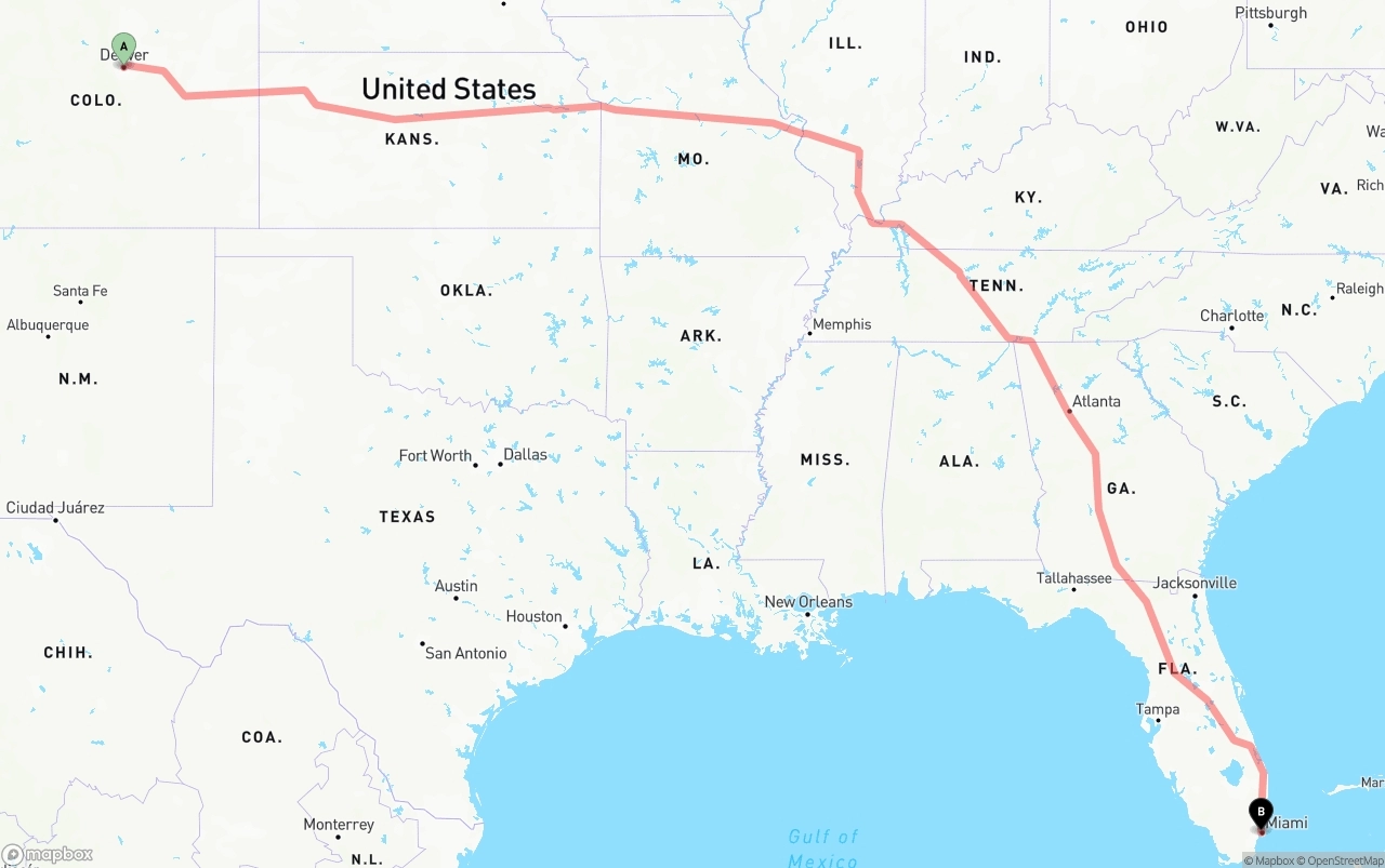 Shipping route from Denver to Miami