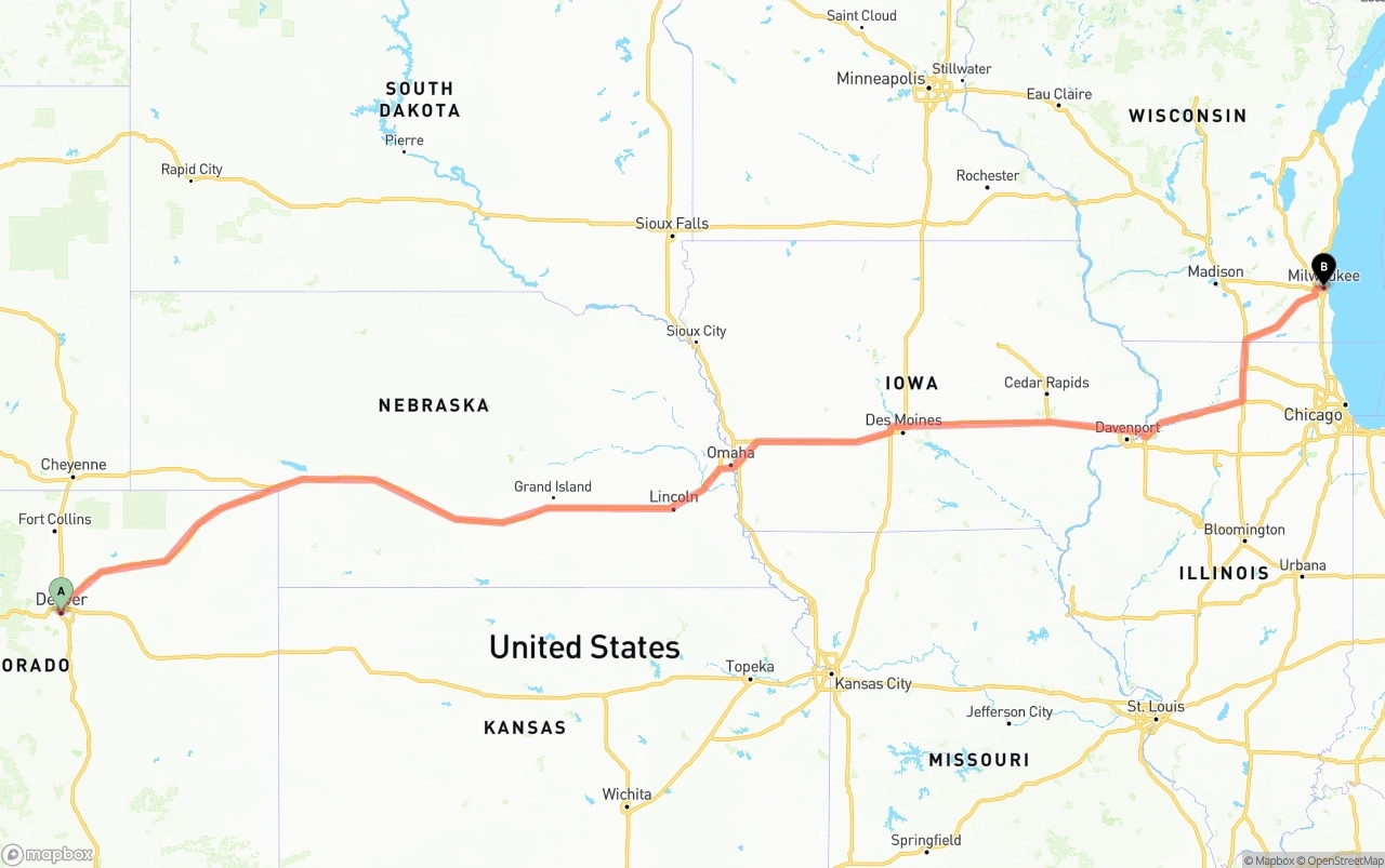 Shipping route from Denver to Milwaukee