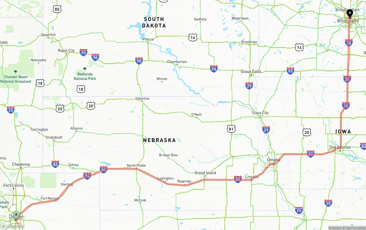 Shipping route from Denver to Minneapolis