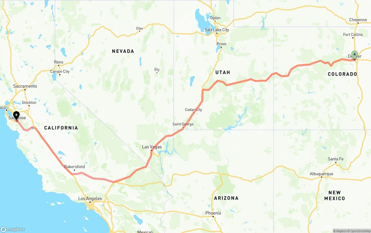 Shipping route from Denver to Norman Y. Mineta San Jose International Airport