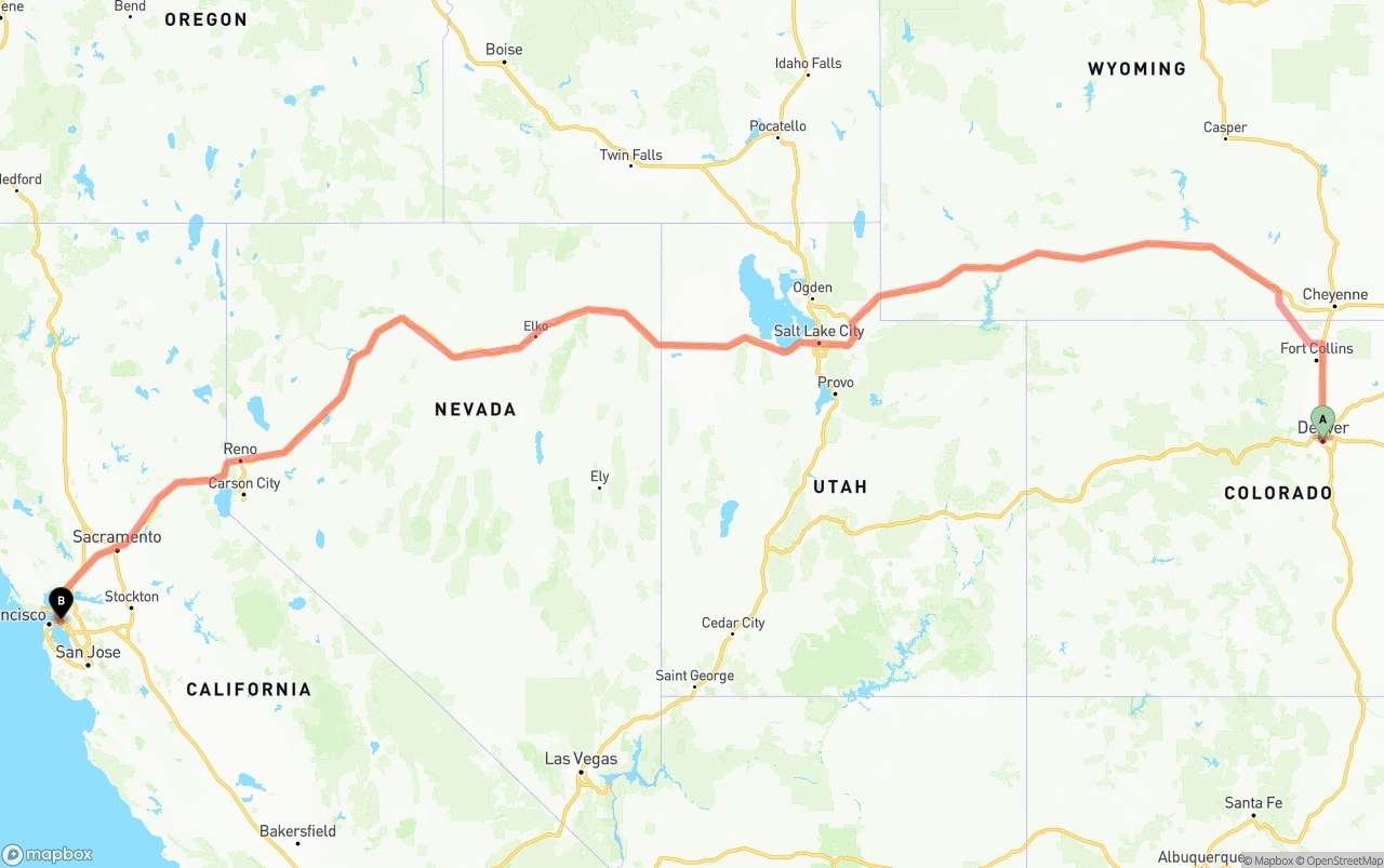 Shipping route from Denver to Oakland