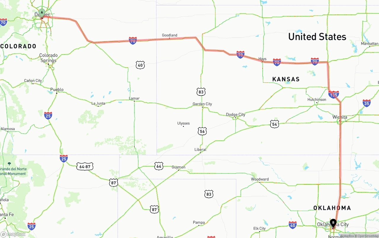 Shipping route from Denver to Oklahoma City