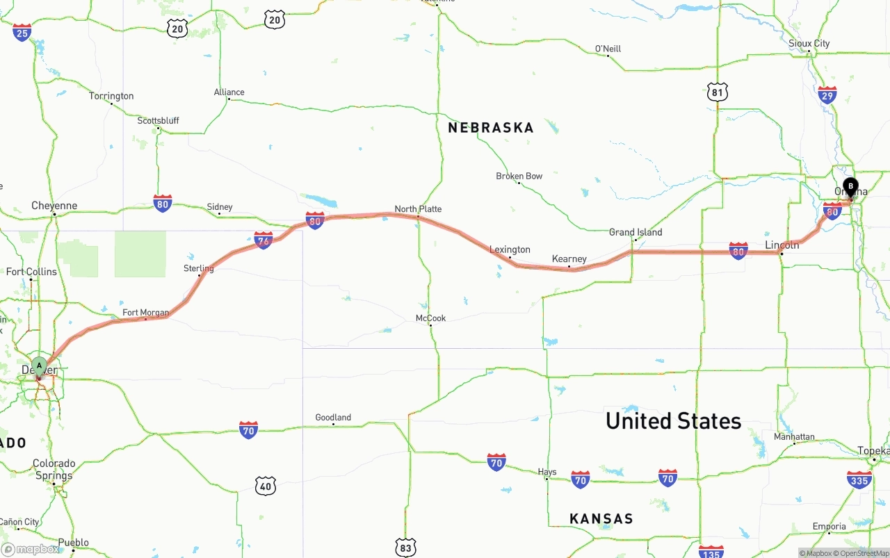 Shipping route from Denver to Omaha