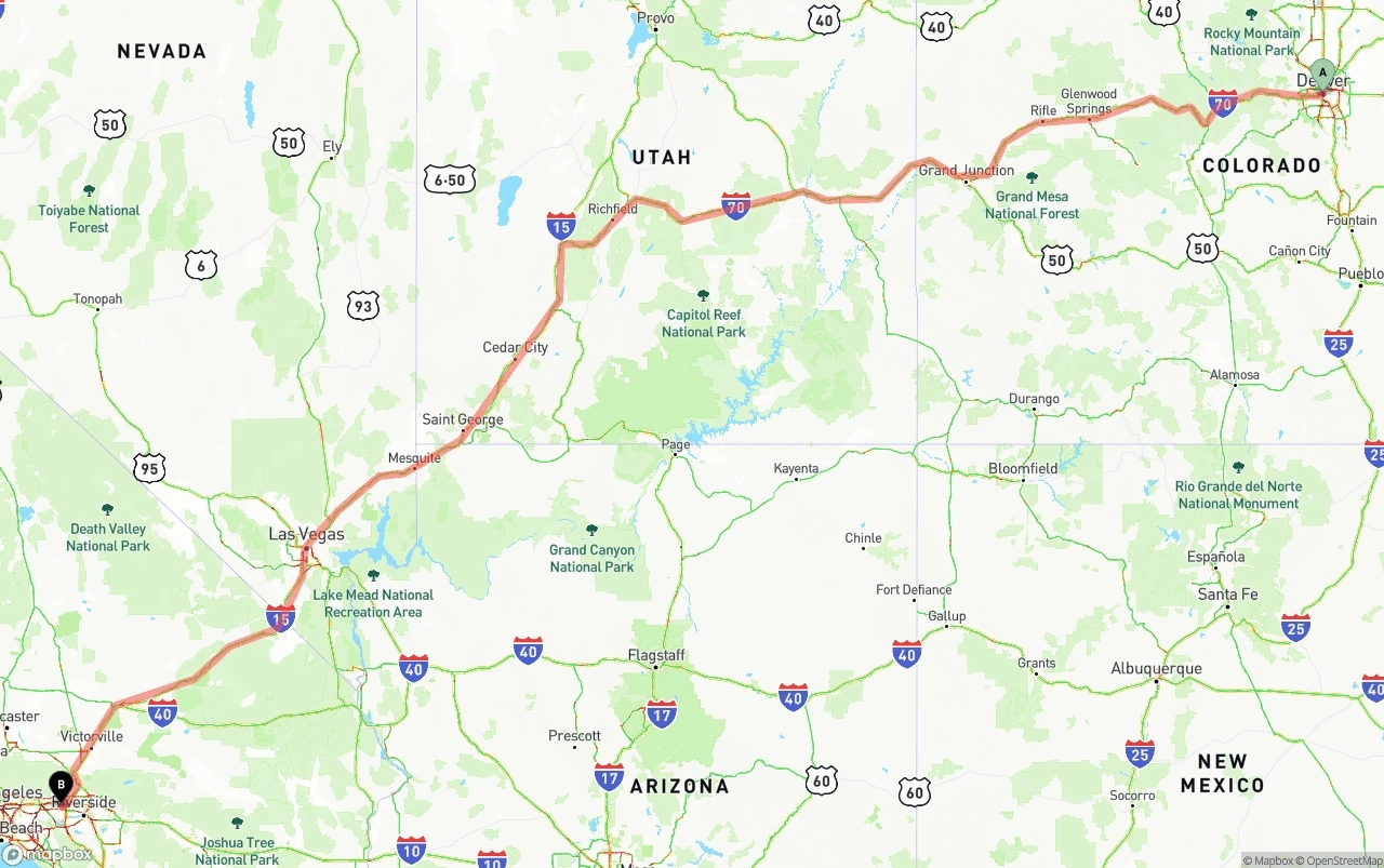 Shipping route from Denver to Ontario International Airport