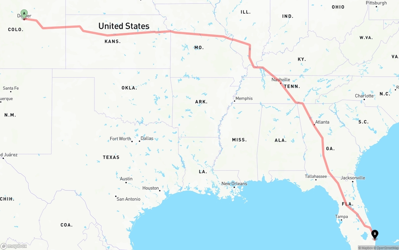 Shipping route from Denver to Palm Beach International Airport