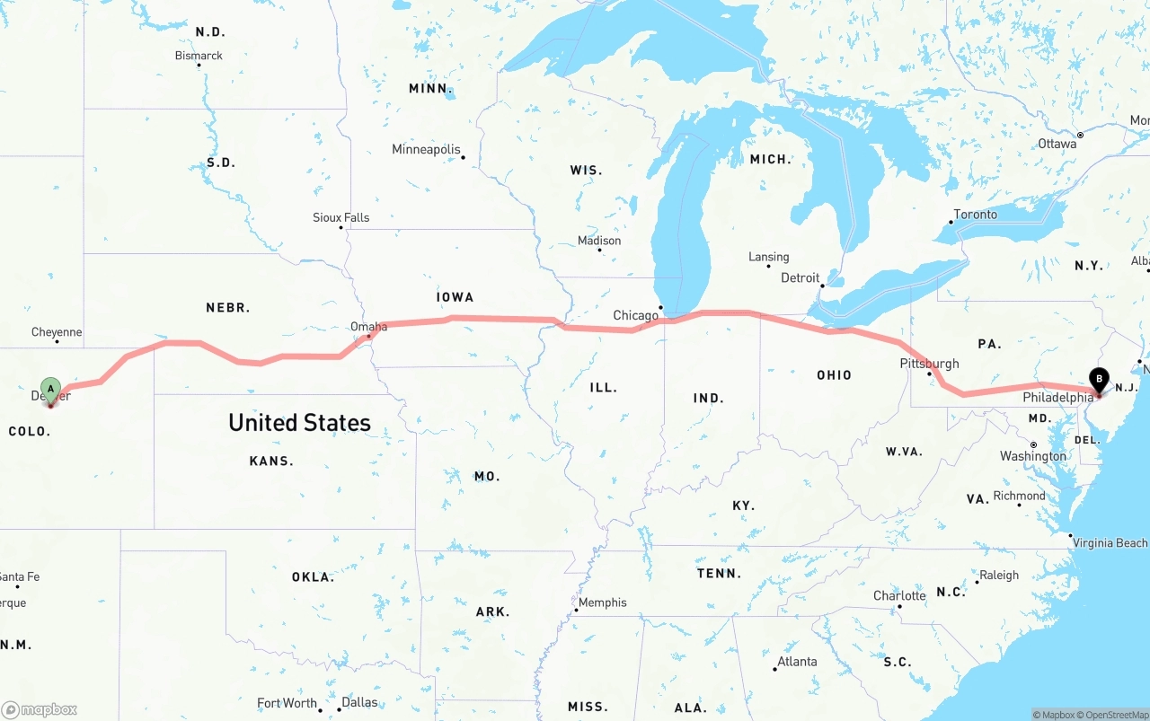 Shipping route from Denver to Philadelphia