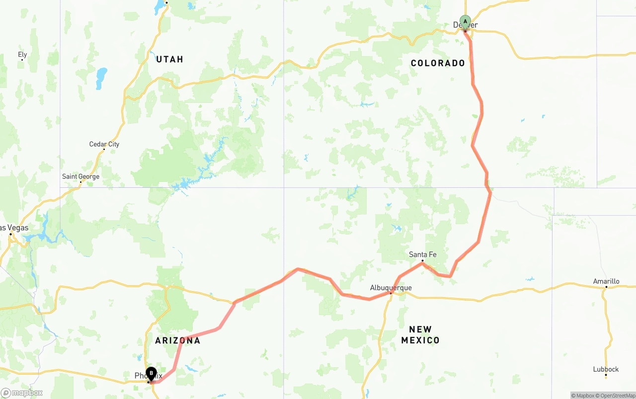Shipping route from Denver to Phoenix Sky Harbor International Airport