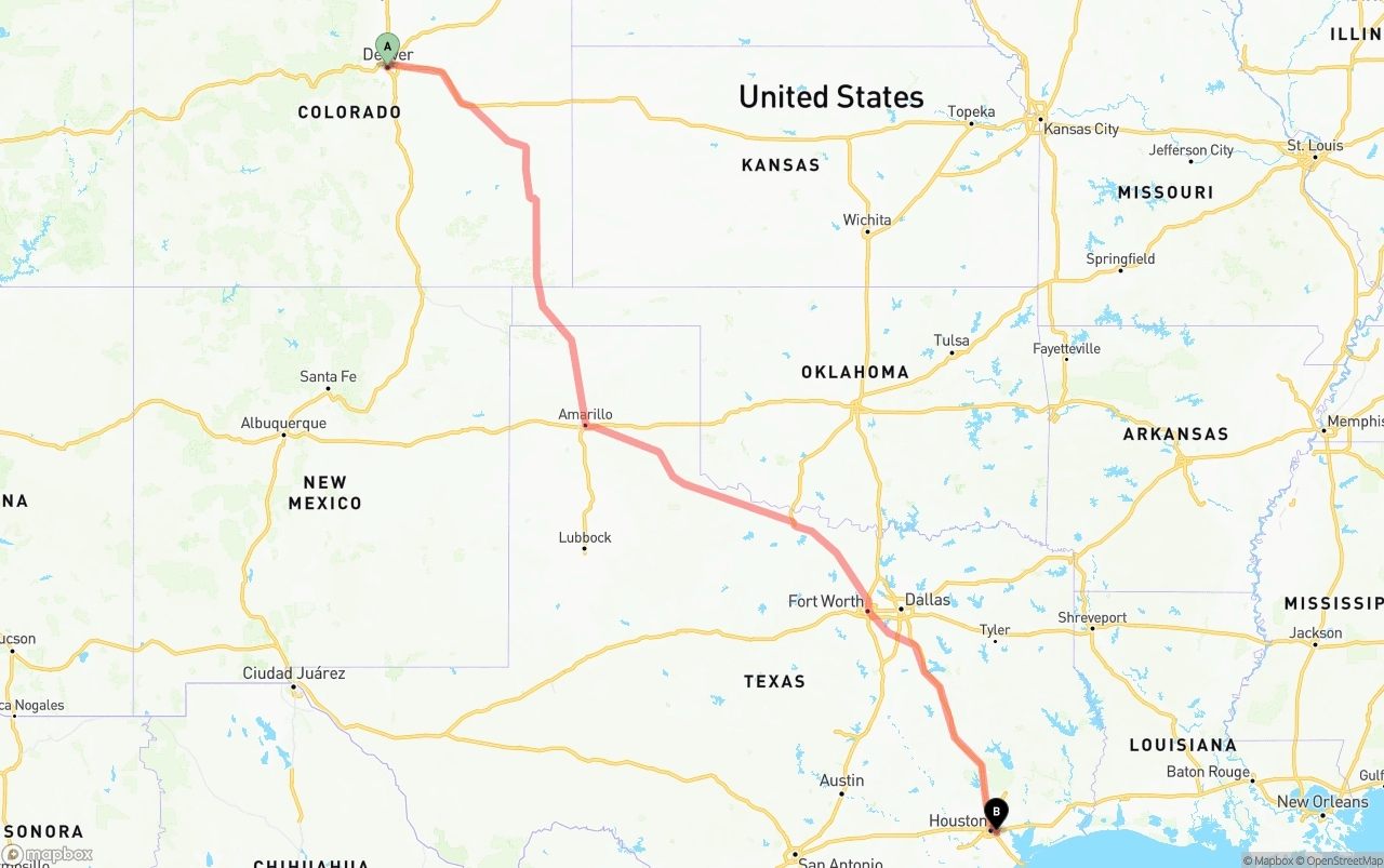 Shipping route from Denver to Port of Houston