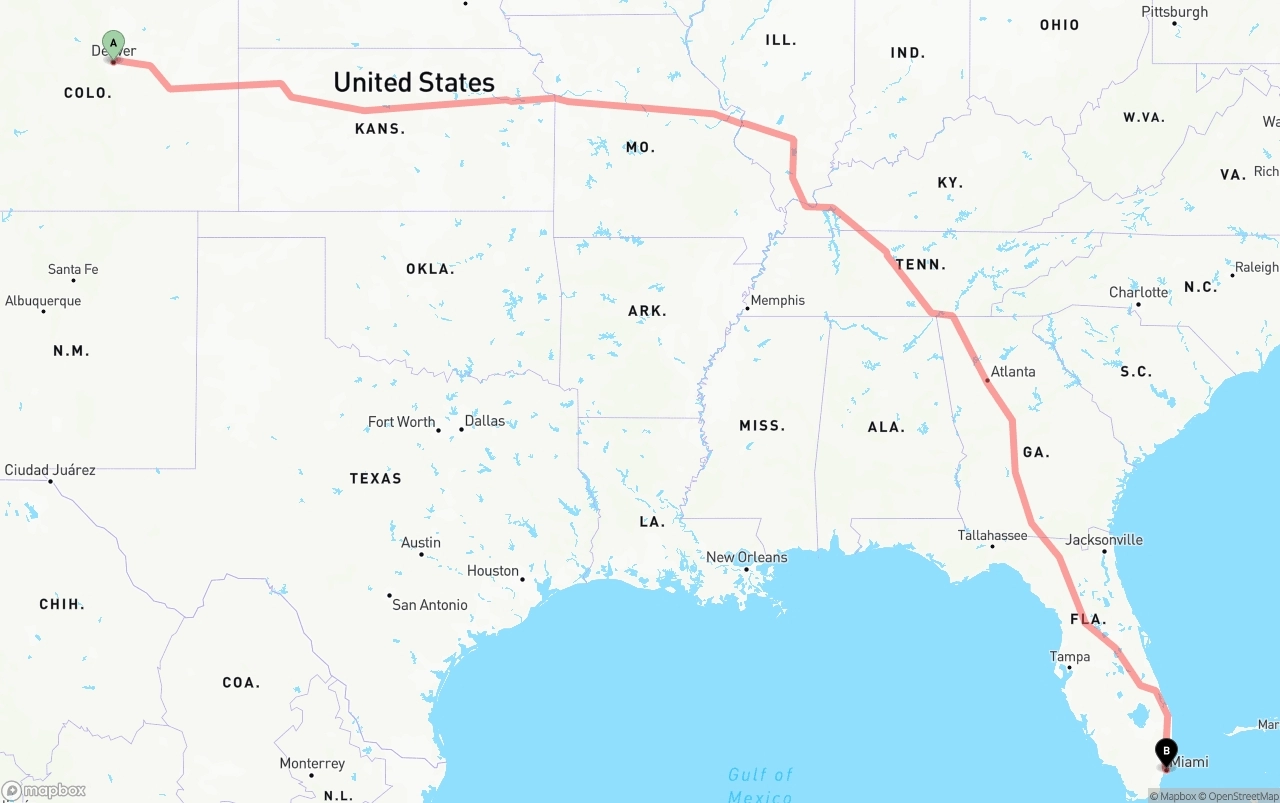 Shipping route from Denver to Port of Miami