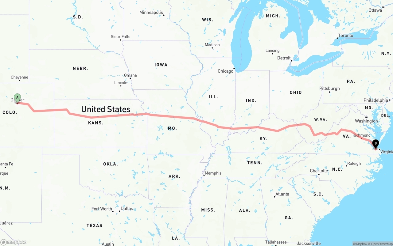 Shipping route from Denver to Port of Norfolk