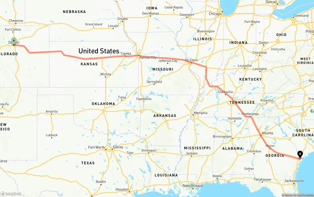 Shipping route from Denver to Port of Savannah