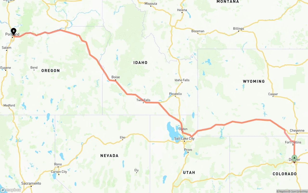 Shipping route from Denver to Portland International Airport