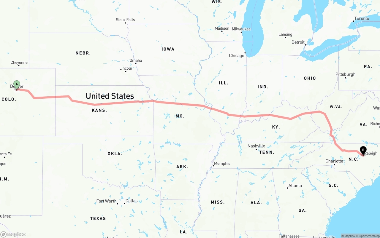 Shipping route from Denver to Raleigh
