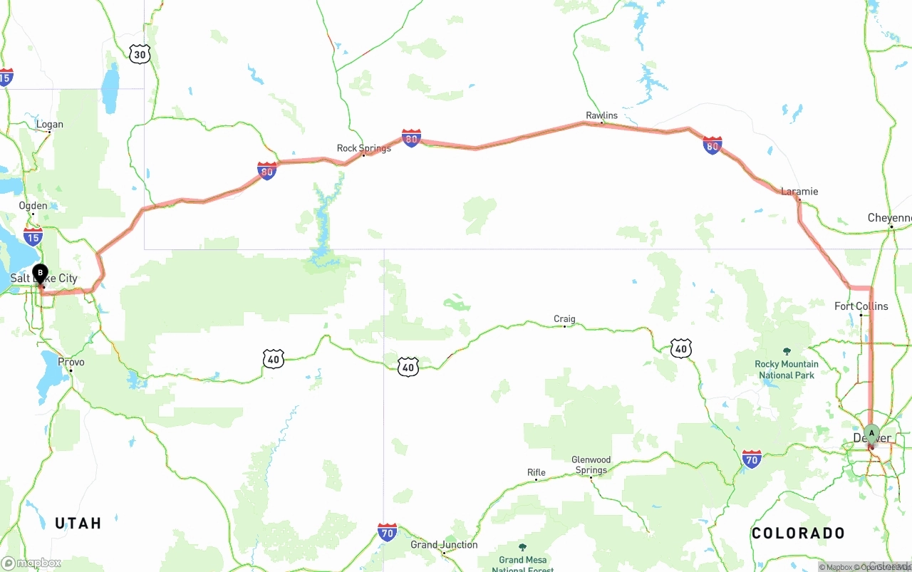 Shipping route from Denver to Salt Lake City